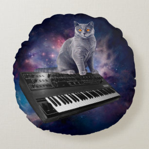 Cat on synthesizer in space round cushion