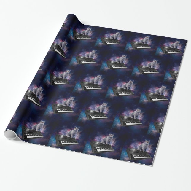 Cat on synthesizer in space wrapping paper (Unrolled)