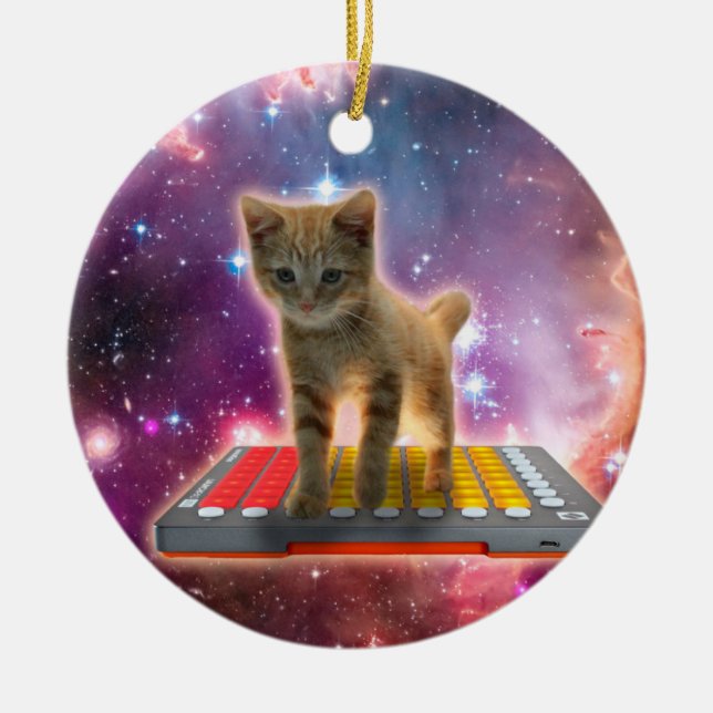 Cat on synthesizers in space ceramic tree decoration (Front)
