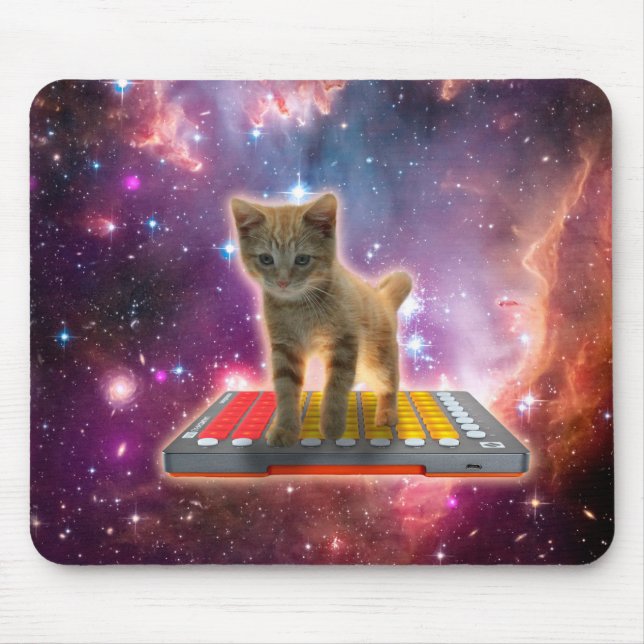 Cat on synthesizers in space mouse mat (Front)