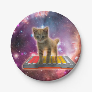 Cat on synthesizers in space paper plate