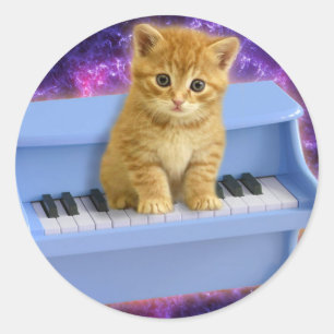 Cat on the blue piano classic round sticker