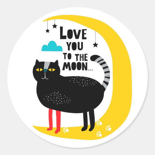 Cat on the moon classic round sticker (Front)