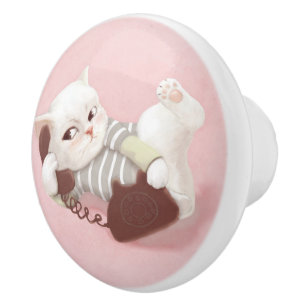 Cat on the Phone Ceramic Knob