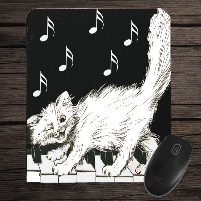 Cat on the Piano Keys Mouse Mat (Winking white cat on piano keys white music notes on black mousepad.)
