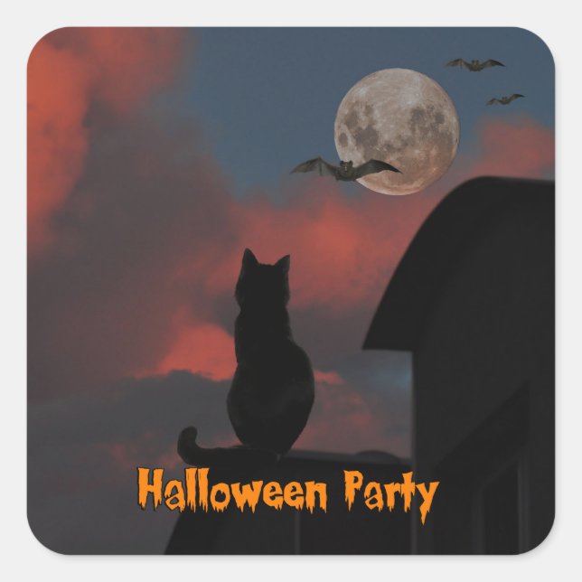 Cat on the roof with a full moon Halloween Square Sticker (Front)