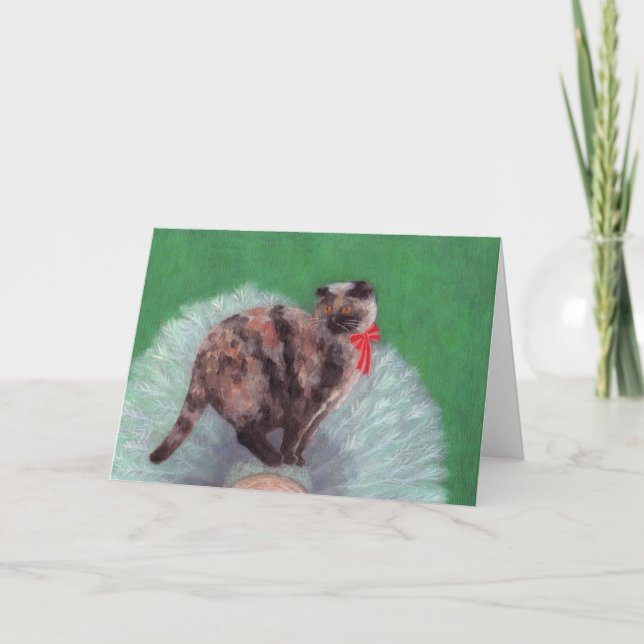 Cat on Tree Christmas Card (Front)