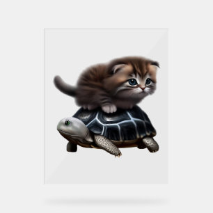 Cat on turtle acrylic sign