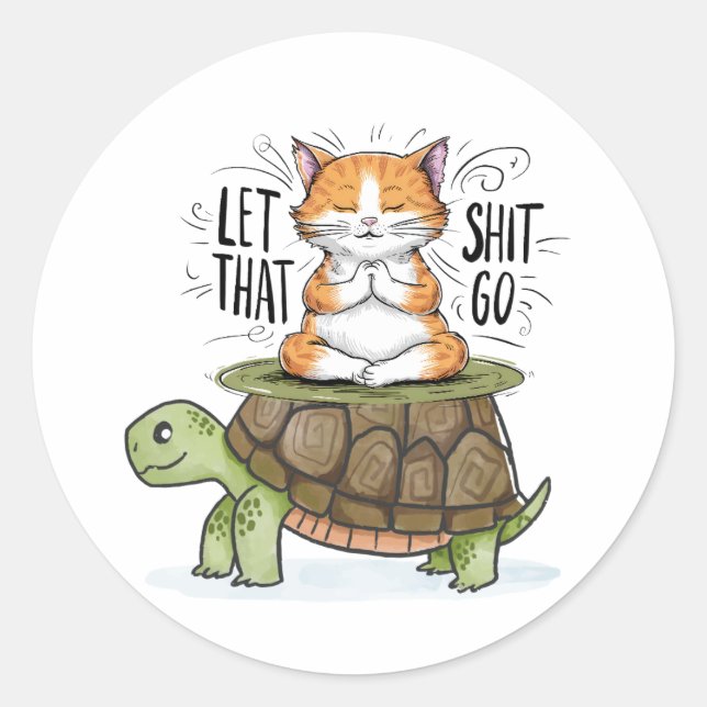 cat on turtle classic round sticker (Front)