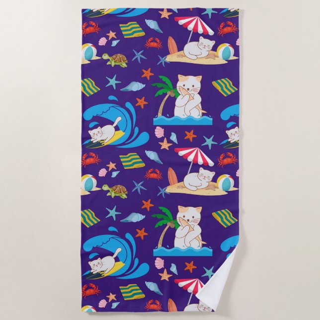 Cat on Vacation Beach Towel (Front)