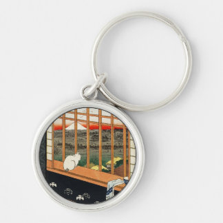Cat on Window - Japanese Art by Hiroshige 歌川広重 Key Ring