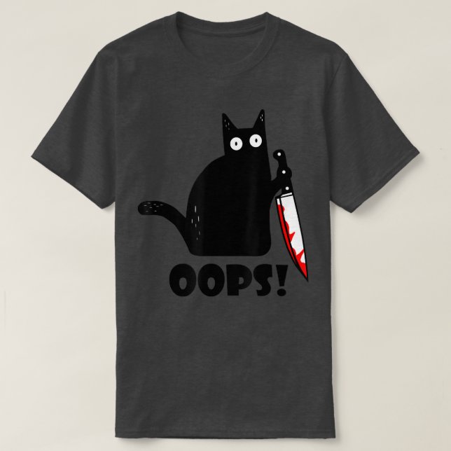 Cat Oops! Funny Black Cat Murderous Cat With Knife T-Shirt (Design Front)