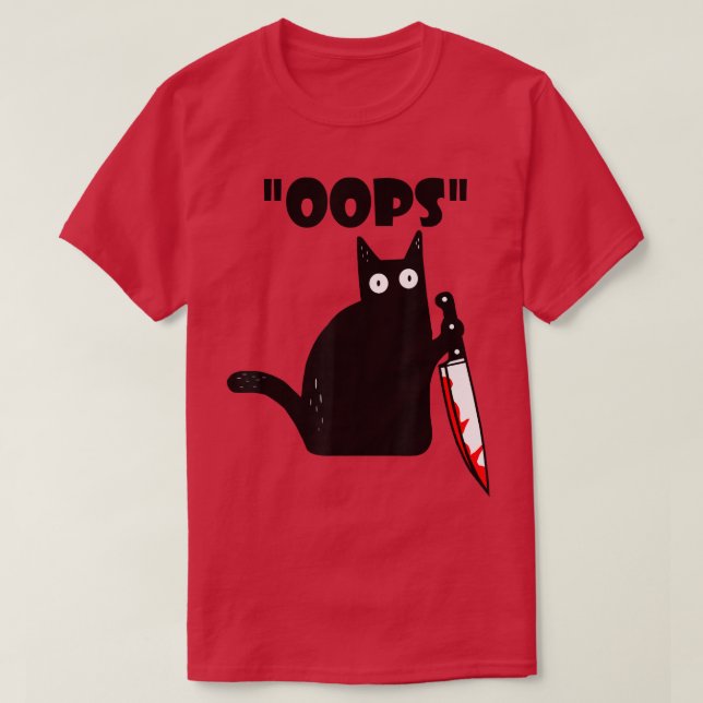 Cat Oops Funny Black Cat Murderous Cat With Knife  T-Shirt (Design Front)