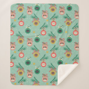 Cat Ornaments on Tree Pattern Sherpa Blanket