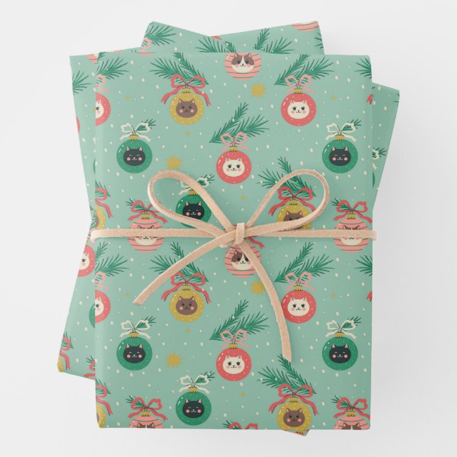 Cat Ornaments on Tree Pattern Wrapping Paper Sheet (In situ)