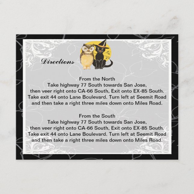 Cat & Owl Halloween Wedding Direction Cards (Front)