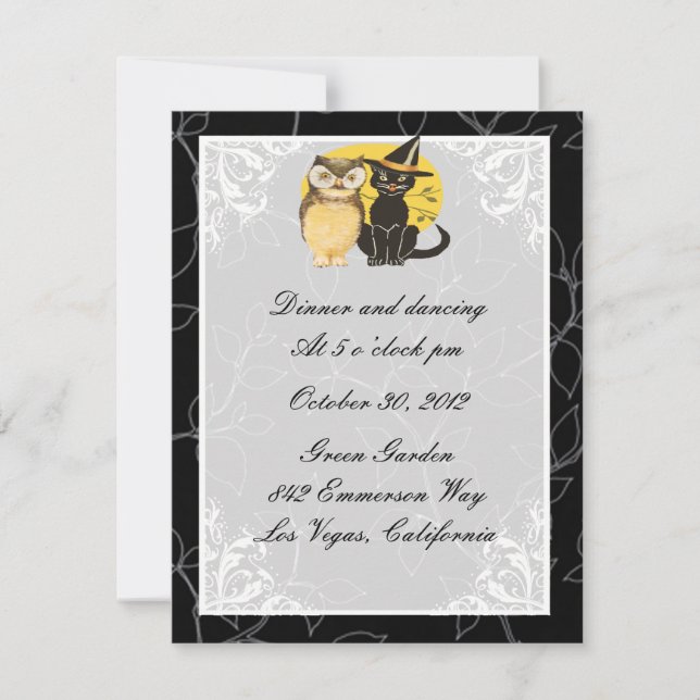 Cat & Owl Halloween Wedding Reception Card (Front)
