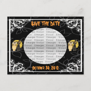 Cat & Owl Halloween Wedding Save The Date Postcard