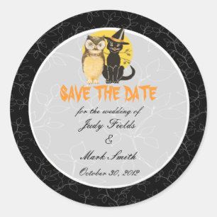 Cat & Owl Halloween Wedding Save The Date Stickers