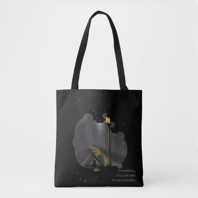 Cat Painting and Rain Quote Black Tote Bag (Front)