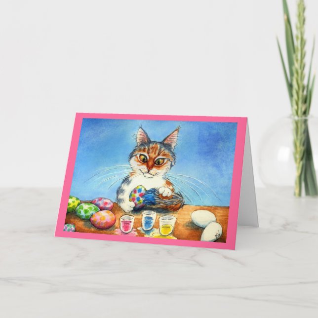 Cat painting Easter eggs with tail Holiday Card (Front)
