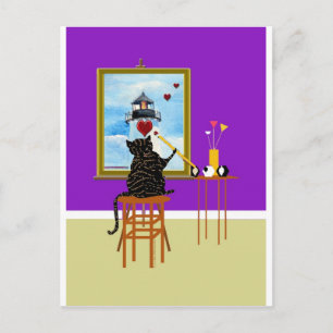 Cat Painting Light house+Hearts Postcard