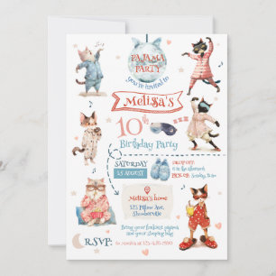 Cat Pajama Party Birthday Invitation