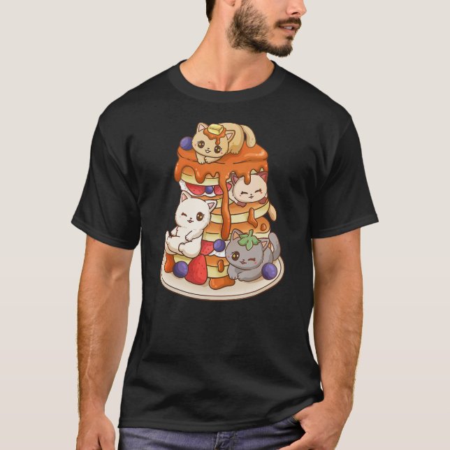 Cat Pancake Stack Kawaii Anime Cat Funny T-Shirt (Front)