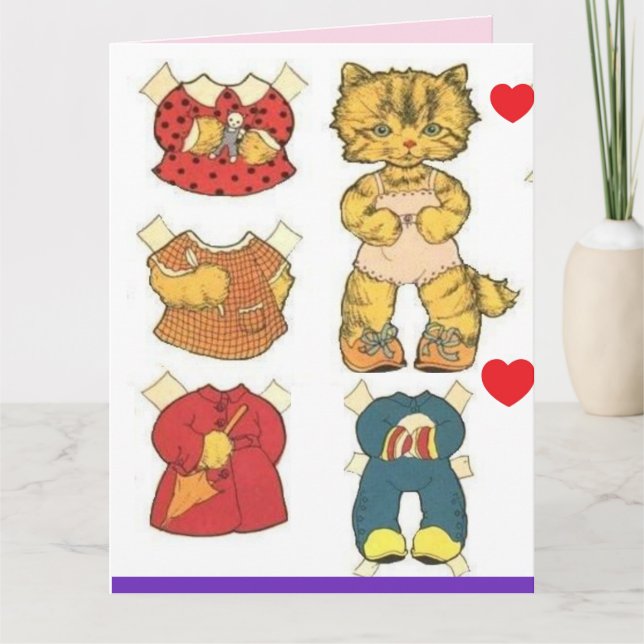 CAT PAPER DOLL VINTAGE BIRTHDAY GREETING CARD (Front)