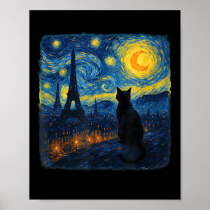 Cat Paris Eiffel Tower Starry Night Van Gogh Inspi Poster