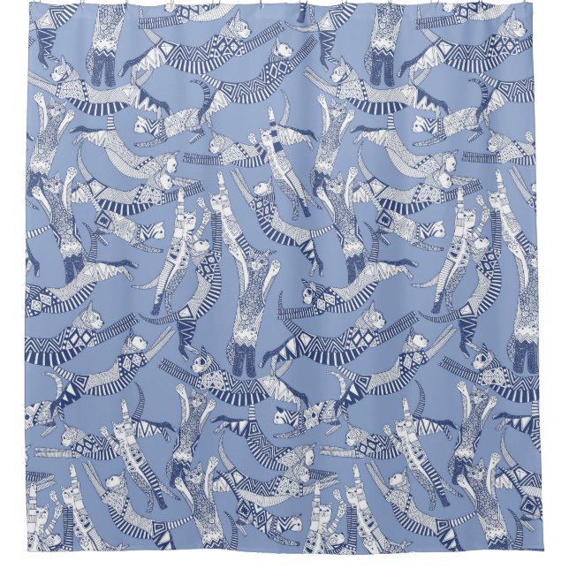 cat party blue shower curtain (Front)