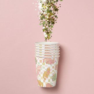 Cat Party Cup, Hand-drawn Pink Cat & Bows Birthday Paper Cups