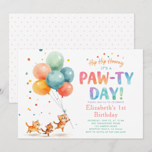 Cat Party Cute Kittens Balloons Kids 1st Birthday Invitation