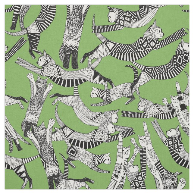 cat party green fabric (Swatch)