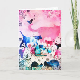 Cat Party House Glitter Art Pink Watercolor Card