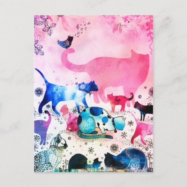 Cat Party House Glitter Art Pink Watercolor Holiday Postcard (Front)