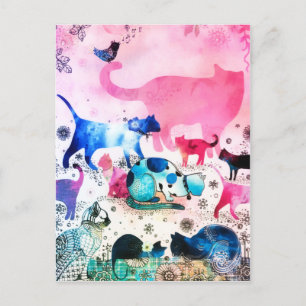 Cat Party House Glitter Art Pink Watercolor Holiday Postcard