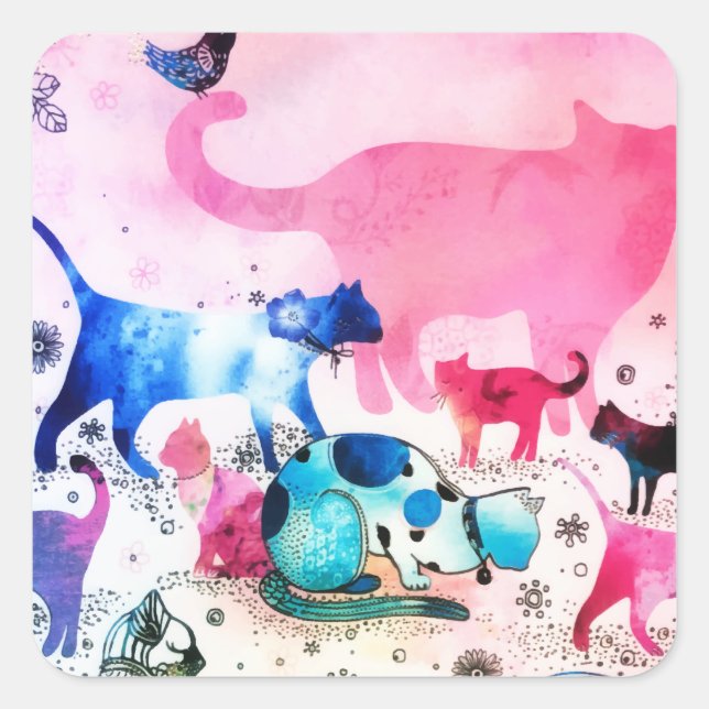 Cat Party House Glitter Art Pink Watercolor Square Sticker (Front)