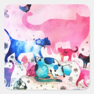 Cat Party House Glitter Art Pink Watercolor Square Sticker