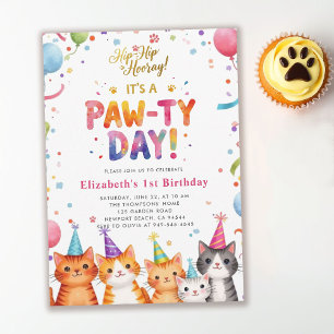 Cat Party Kittens Colourful Balloons 1st Birthday Invitation