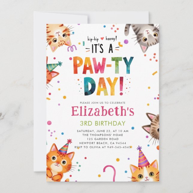 Cat Party Kittens Colourful Whimsical Birthday Invitation (Front)