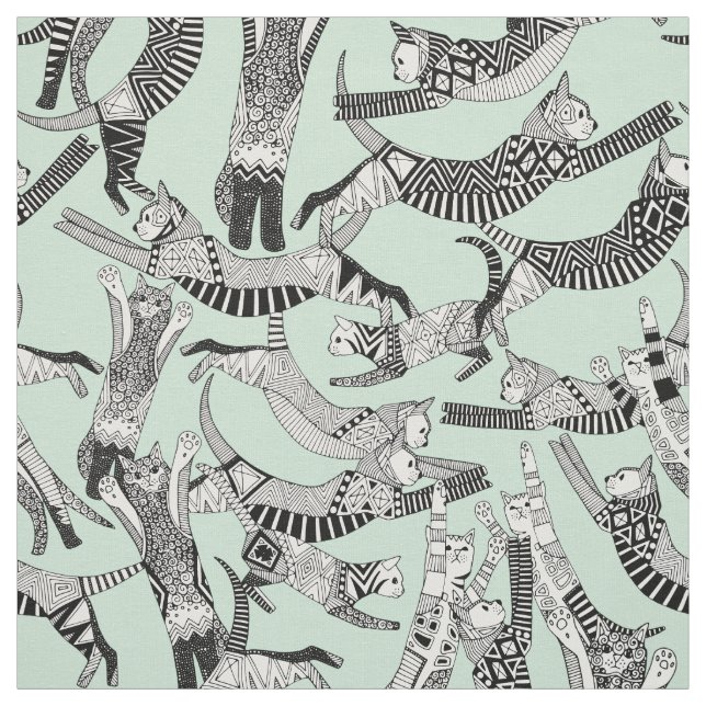 cat party mint fabric (Swatch)