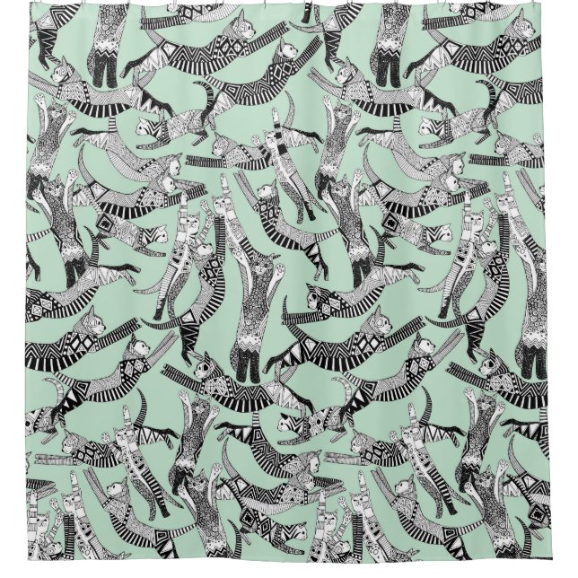 cat party mint shower curtain (Front)
