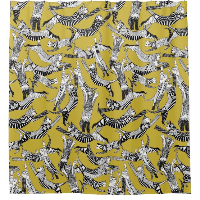 cat party ochre yellow shower curtain (Front)