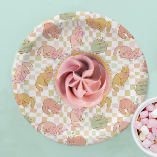 Cat Party Plate, Kitty Cat Pink Bows Pawty Paper Plate