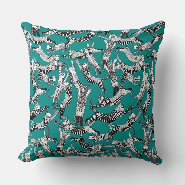 cat party teal blue cushion (Front)