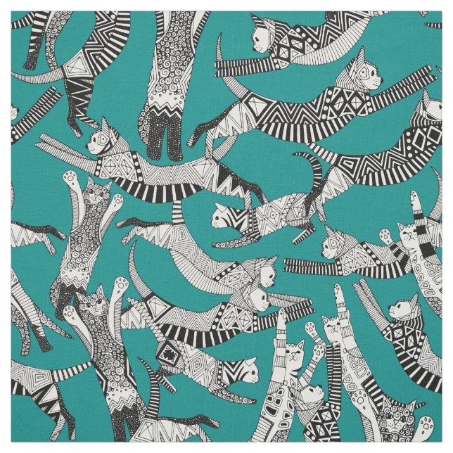 cat party teal fabric (Swatch)