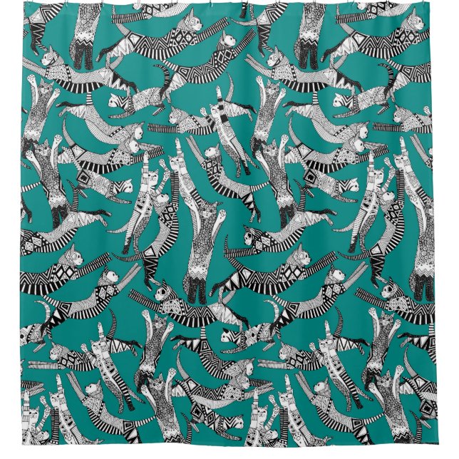 cat party teal shower curtain (Front)