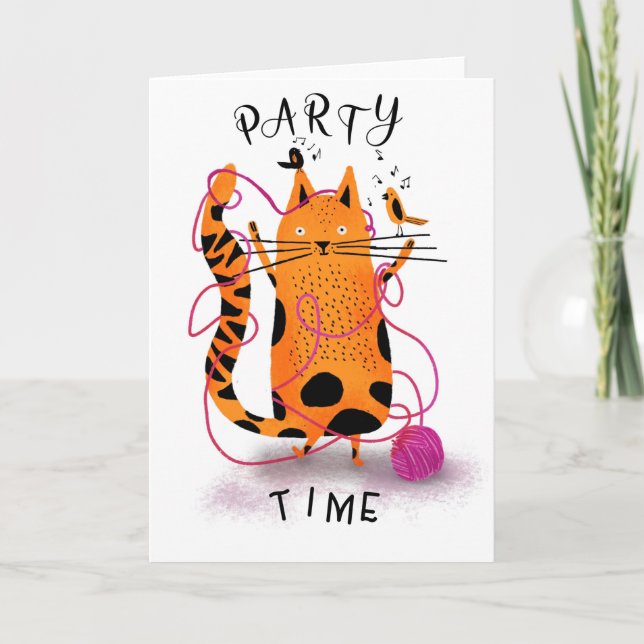 cat party time ginger moggy knitting card (Front)