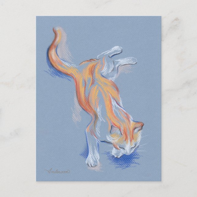 Cat Pastel Orange and White Tabby on Blue Postcard (Front)